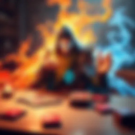 An Elemental Mage casting spells with vibrant elemental powers and playing cards on a tabletop
