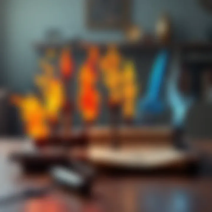 A display of fire, ice, and electric weapons ready for battle in a vibrant arena setting.