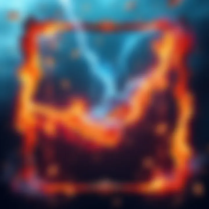 A dynamic elemental frame showcasing fire, water, and lightning abilities, symbolizing the proposal of passive immunities in gameplay.