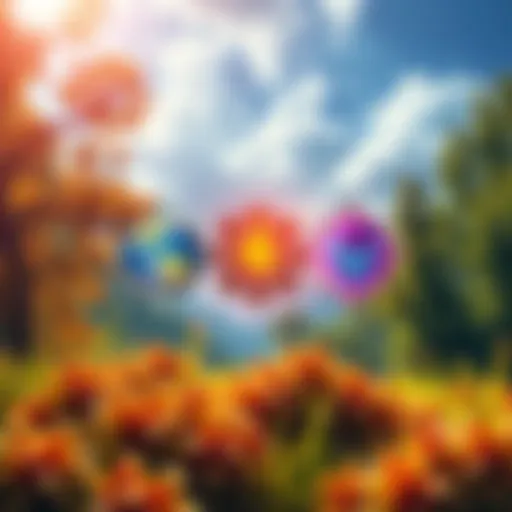 Four elemental symbols representing earth, water, fire, and air against a vibrant natural background.