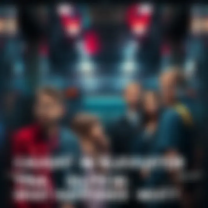 A group of people looking worried inside a stalled elevator, with emergency lights flashing