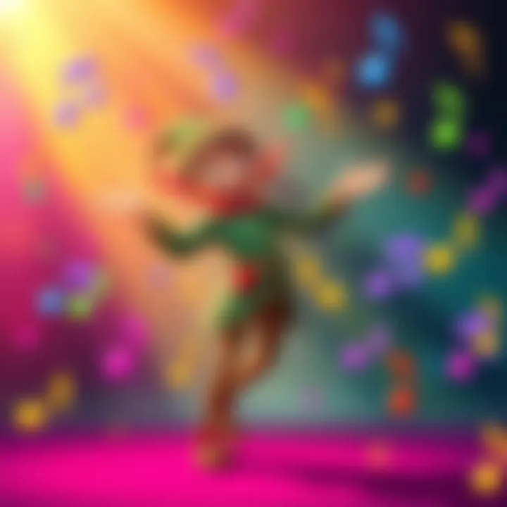 A cheerful elf boy dancing joyfully among colorful music notes, celebrating the phrase 'Play that funky music, elf boy!'.