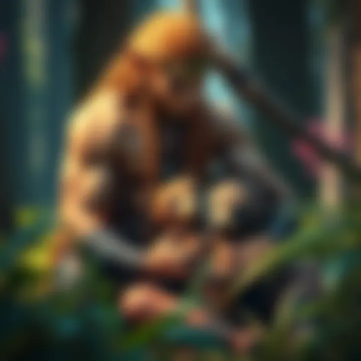 A muscular elf nurturing a small bear cub in a vibrant forest setting.