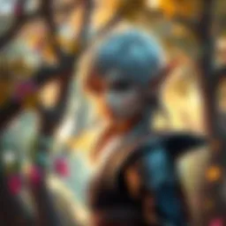 Elf Character in a Game An elf character in a fantasy setting, showcasing pointed ears and elegant attire, standing in a vibrant forest with magical elements.
