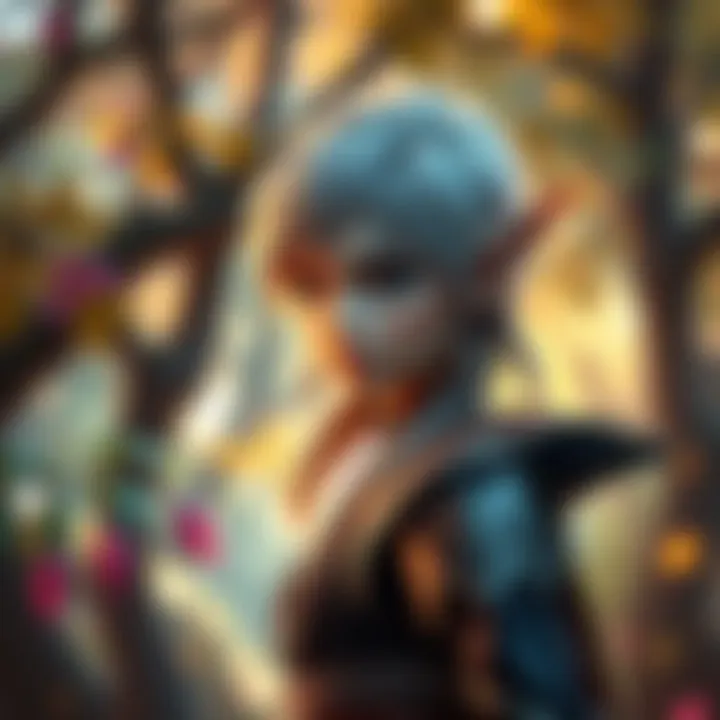 Elf Character in a Game An elf character in a fantasy setting, showcasing pointed ears and elegant attire, standing in a vibrant forest with magical elements.
