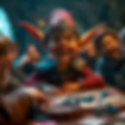 A majestic elf looking embarrassed after a game mishap, surrounded by laughing friends and game pieces scattered around.