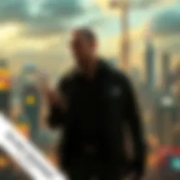 Elias Toufexis discussing his rejected pitch for a Deus Ex TV series, with a backdrop of futuristic cityscapes and digital elements.