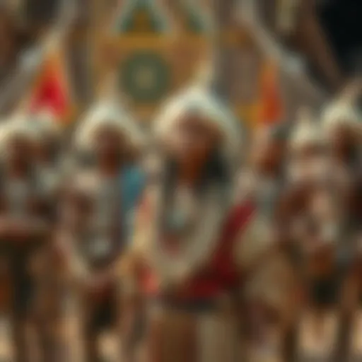 A group of Eliksni individuals showcasing their cultural attire and symbols during a gathering, expressing unity and tradition.