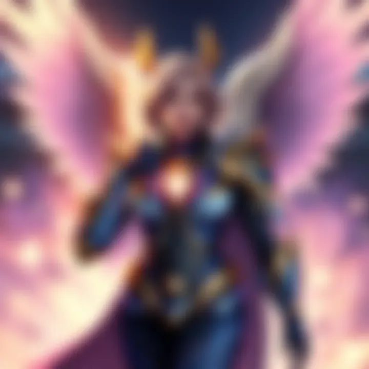 A digital illustration showcasing Elite Mercy in action, highlighting her healing abilities and support role in a stadium setting.