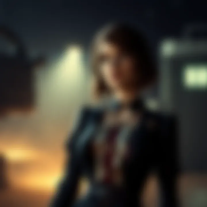 Elizabeth stands in a dimly lit environment, showcasing her character design and emotional depth.