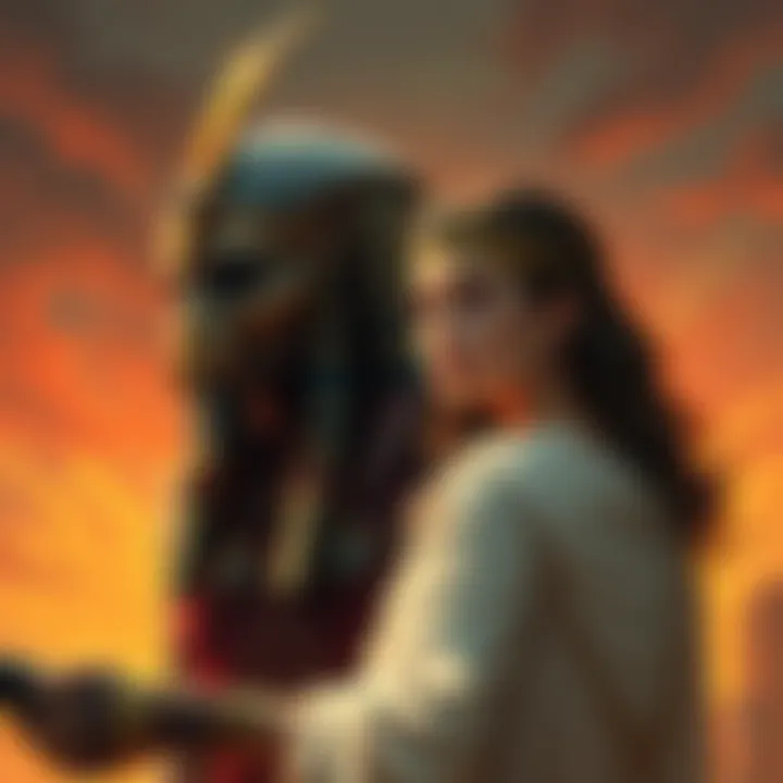 Illustration showing Elizabeth Sobeck alongside the Egyptian god Sobek, highlighting themes of fertility and conflict.
