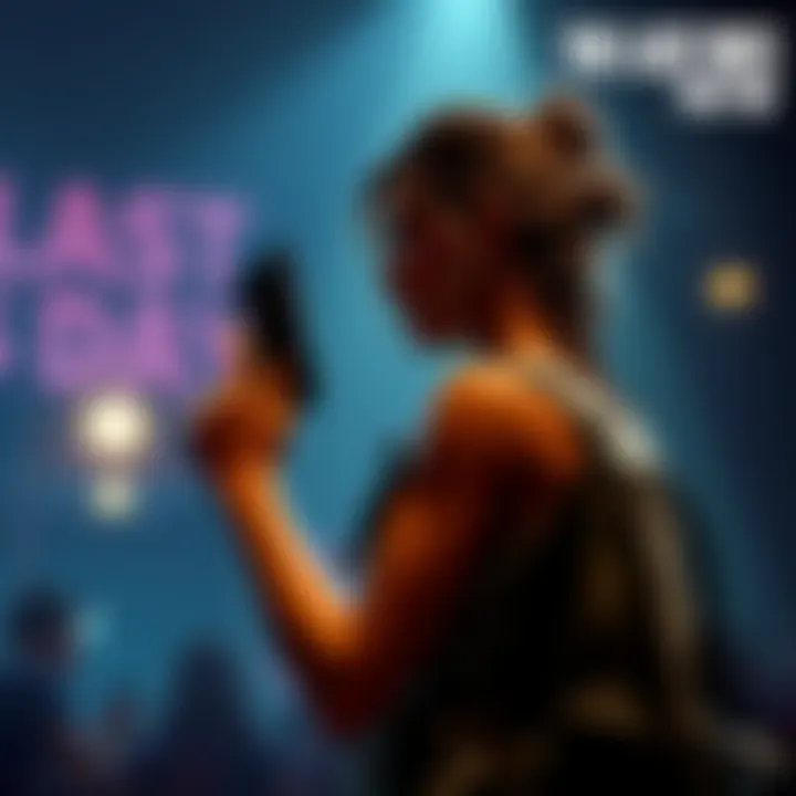 Ellie stands with a gun ready but hesitates, looking toward Abby in a tense moment in the theatre.