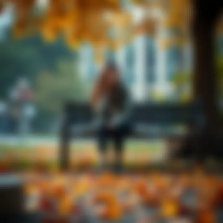 A young woman named Ellie sitting on a park bench, looking thoughtful and sad, with fallen leaves around her, representing unresolved feelings.