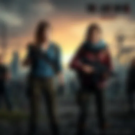 Ellie and Abby standing together in a post-apocalyptic setting, each holding a weapon and ready for action.