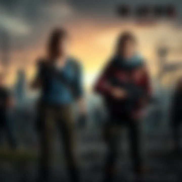 Ellie and Abby standing together in a post-apocalyptic setting, each holding a weapon and ready for action.