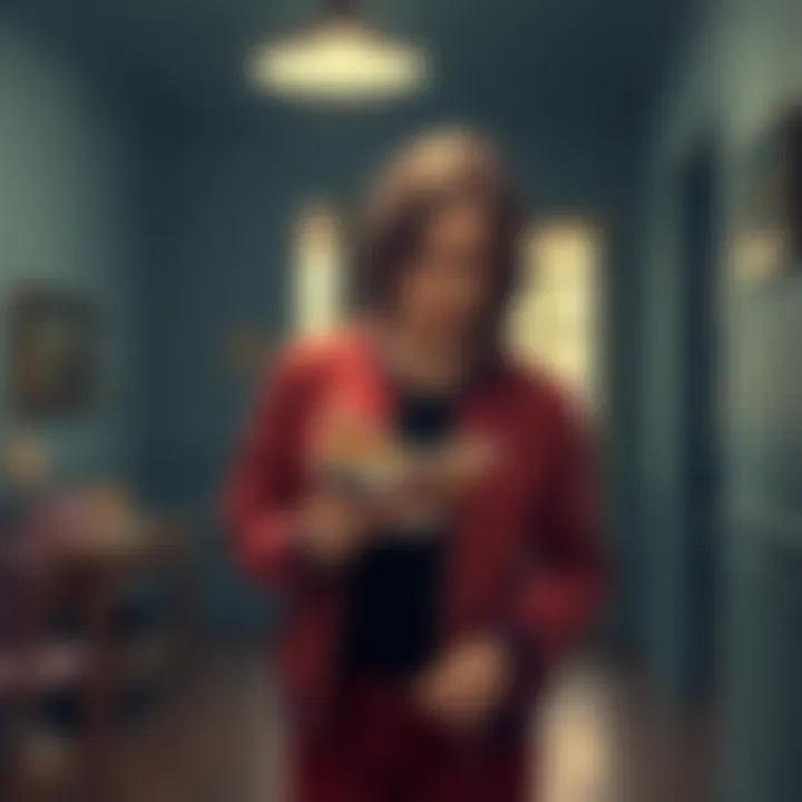 Ellie holds a flyer at Boris's house Ellie stands in a dimly lit room, examining a colorful flyer she found at Boris's house, with a curious expression on her face.