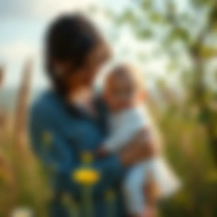 Ellie and her child in a serene setting A woman named Ellie holds her baby, surrounded by nature, symbolizing immunity across generations.