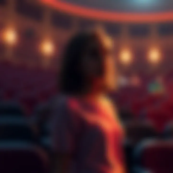 Ellie standing in a theater, looking thoughtful about her potential trip to Santa Barbara without Abby's influence.