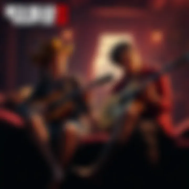 Ellie and Dina sitting together, playing guitar in a warm, cozy setting, reminiscent of a scene from Red Dead Redemption 2.