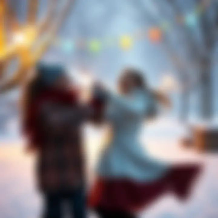Ellie and Dina dancing joyfully in a snowy setting, capturing a festive winter atmosphere.