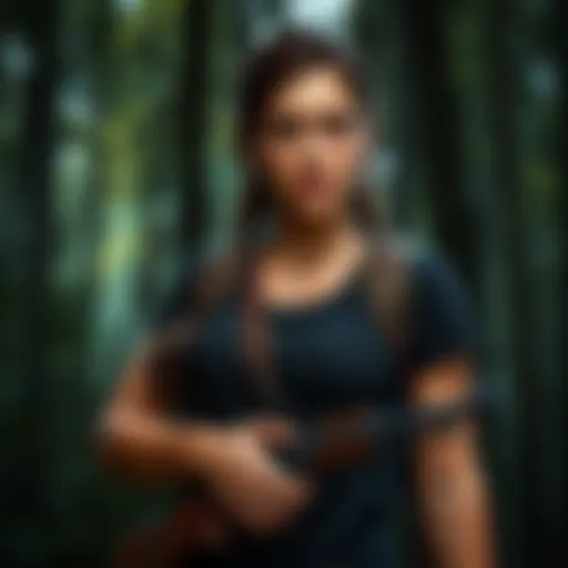 Ellie standing in a forest, holding a weapon, looking determined with a serious expression
