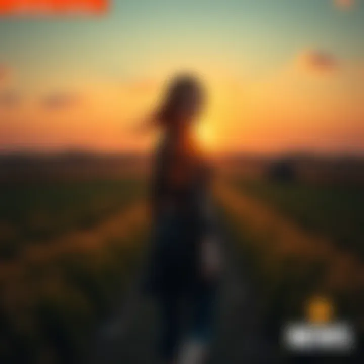 Ellie walking away from the farm, determined look on her face, with fields behind her and a sunset in the background