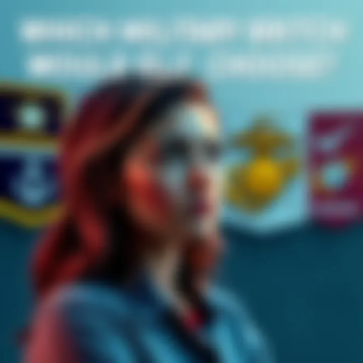 A young woman thoughtfully considering which U.S. military branch to join, with symbols of the Army, Navy, Air Force, and Marines in the background.