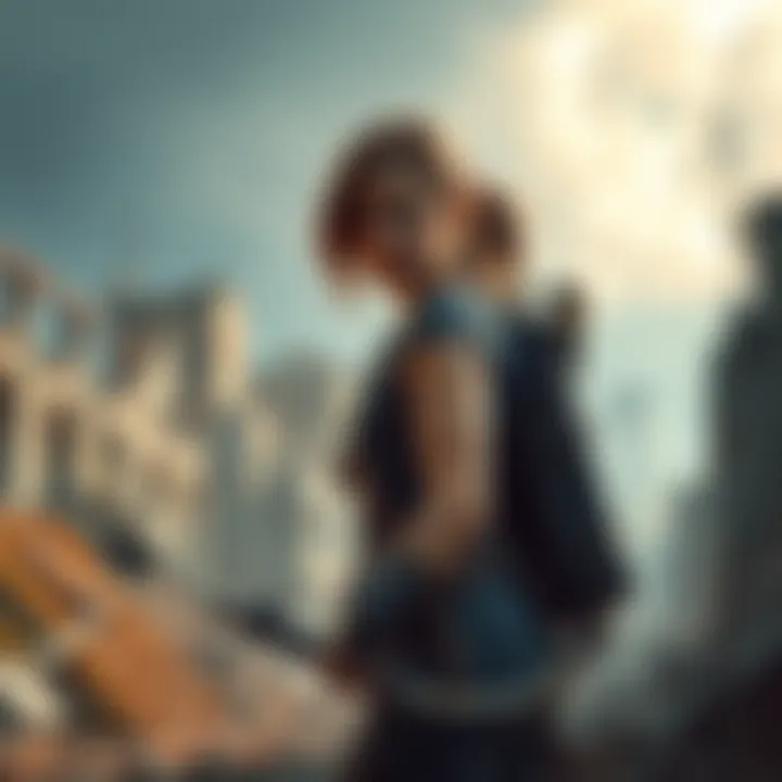A young woman with a bow and arrow stands in a ruined city, looking determined as she prepares for her adventure in a dystopian world.