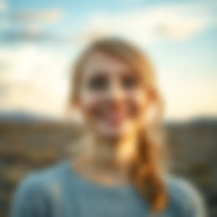 Ellie, a young woman with a cheerful smile, stands against a backdrop of a desolate landscape, reflecting her hidden struggles with smiling depression. Her expression shows a mix of joy and sadness.