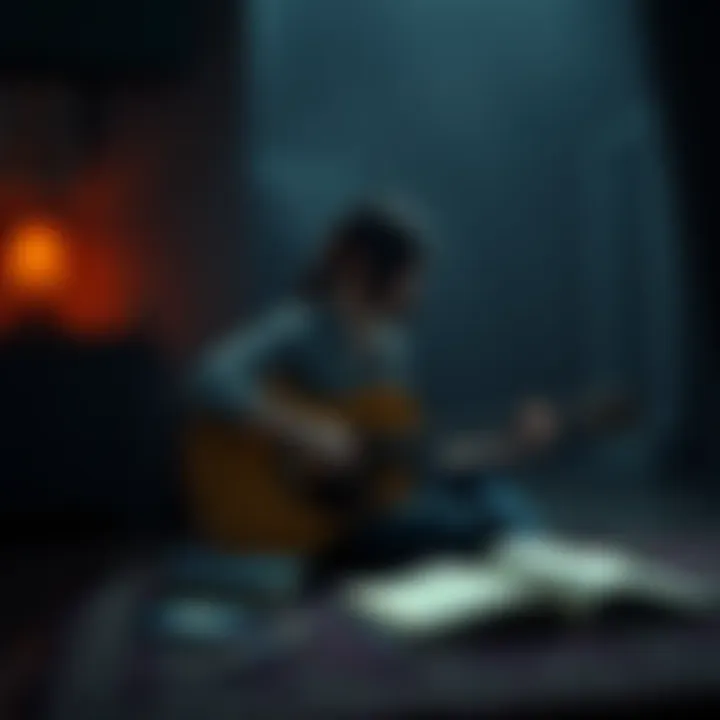 Ellie sitting alone, looking reflective with her guitar, surrounded by a dimly lit room and her diary open beside her, hinting at deeper thoughts.