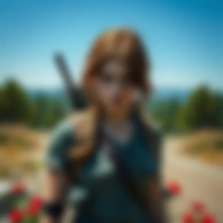 A person dressed as Ellie Williams from The Last of Us, showcasing detailed costume and props, with a natural setting in the background.