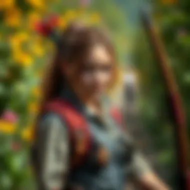 A cosplayer dressed as Ellie Williams from The Last of Us Part II, showcasing a detailed costume with a bow and arrows, set in a vibrant outdoor location.