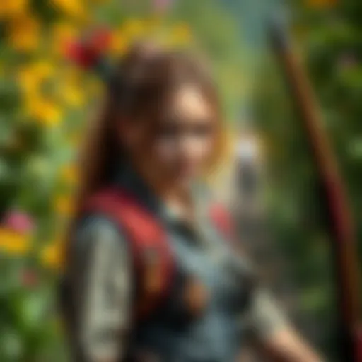 A cosplayer dressed as Ellie Williams from The Last of Us Part II, showcasing a detailed costume with a bow and arrows, set in a vibrant outdoor location.
