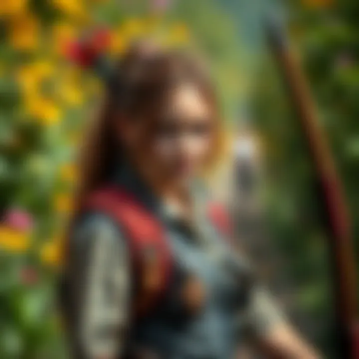 A cosplayer dressed as Ellie Williams from The Last of Us Part II, showcasing a detailed costume with a bow and arrows, set in a vibrant outdoor location.