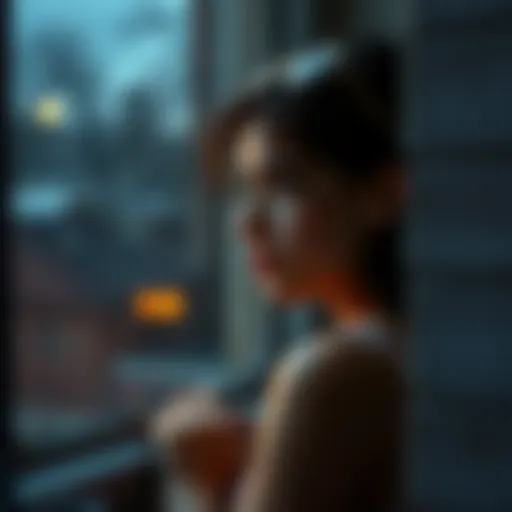 A young woman looking thoughtfully out of a window, with a nostalgic expression, remembering someone special, symbolizing past emotions and connections.