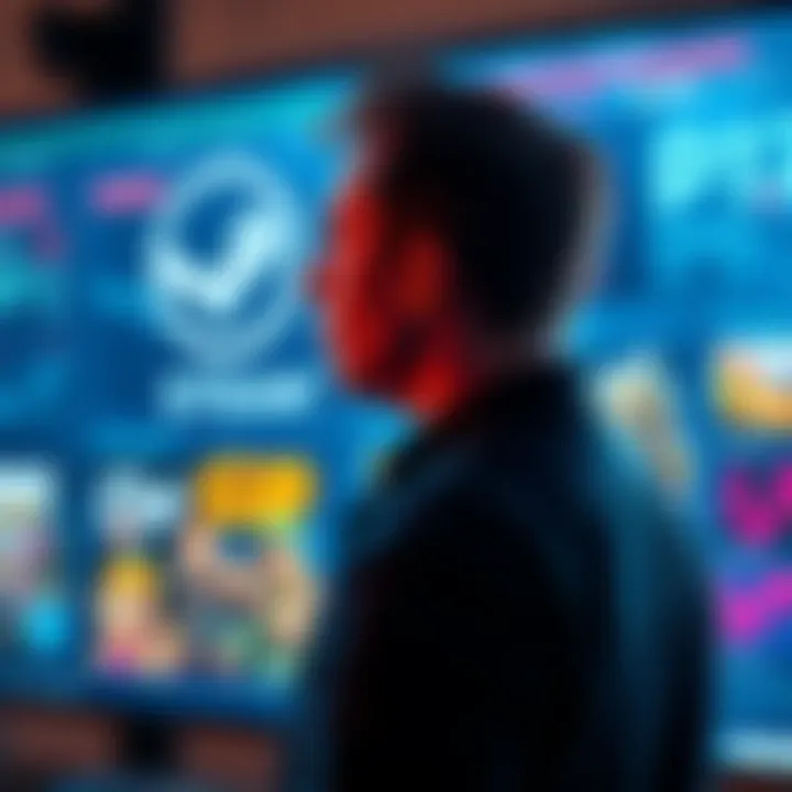 Elon Musk looking at a digital screen displaying the Steam logo and gaming images