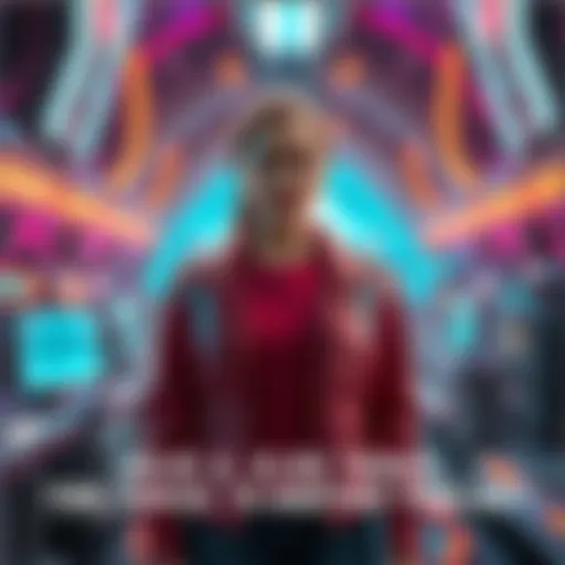Elsie Bray stands in a vibrant, sci-fi environment with glowing technology around her, hinting at her time traveling experience.