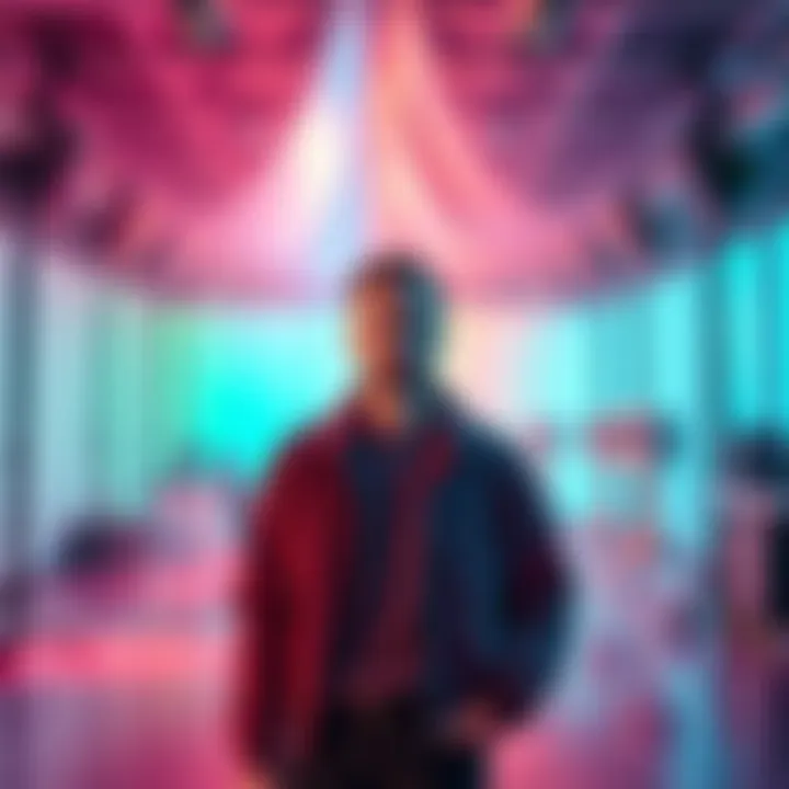 Elster stands in a colorful setting within the Mirabeau studios, highlighted during key moments of the video.