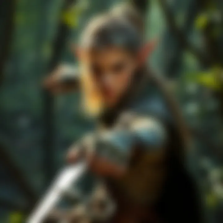 An elf character dressed in light armor, demonstrating agility and stealth in a forest setting.