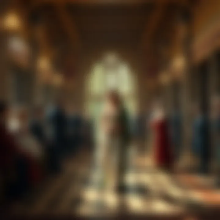 An elven noblewoman stands elegantly in a grand court, subtly observing others with a knowing smile, while a mix of courtiers engage in quiet conversation around her.