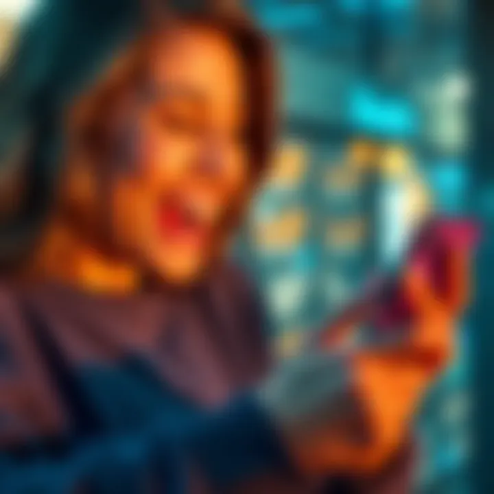 A person happily checking their email on a mobile device after reserving a product, excited to see the purchase confirmation.
