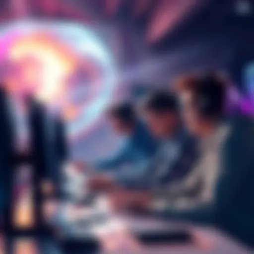 A team of developers at Embark working together on innovative game design, surrounded by computers and creative materials.