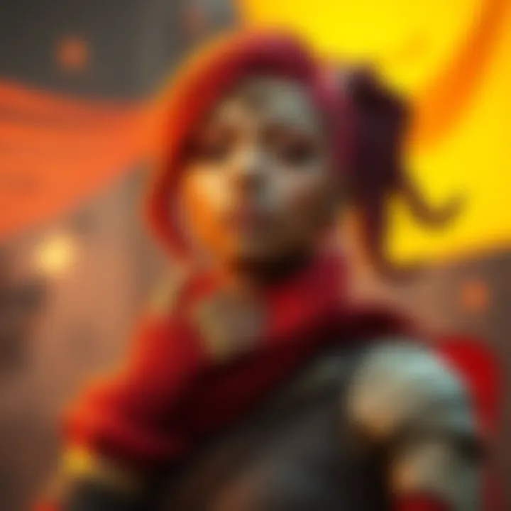 A character named Ember showcasing her unique heirloom skin in a vibrant setting