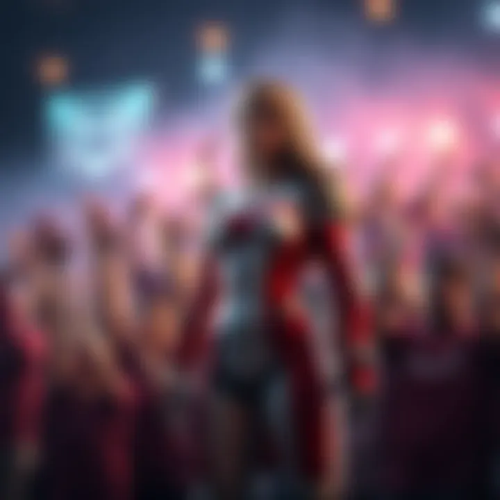 A confident character named Ember stands with determination, surrounded by fans cheering for her success in 2027.