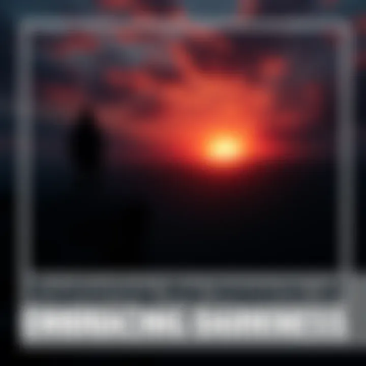 A silhouette of a person standing on a cliff at sunset, looking into a dark valley, symbolizing the journey into the unknown.