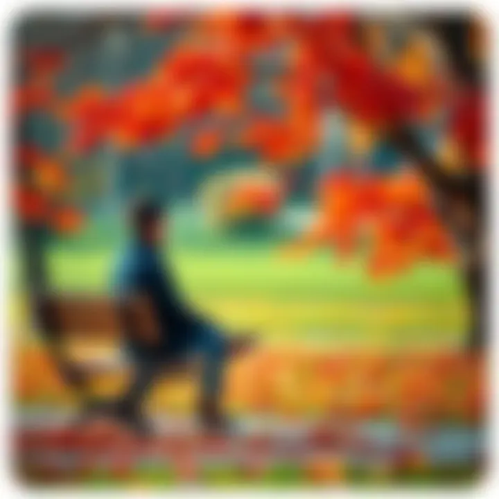 A person sitting on a bench, looking contemplative in a park, surrounded by vibrant autumn leaves, symbolizing the beauty of heavy emotions.