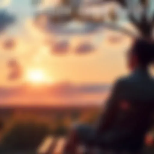 Embracing Reality A person sitting on a bench looking at the sunset, reflecting on life's challenges with a calm expression.