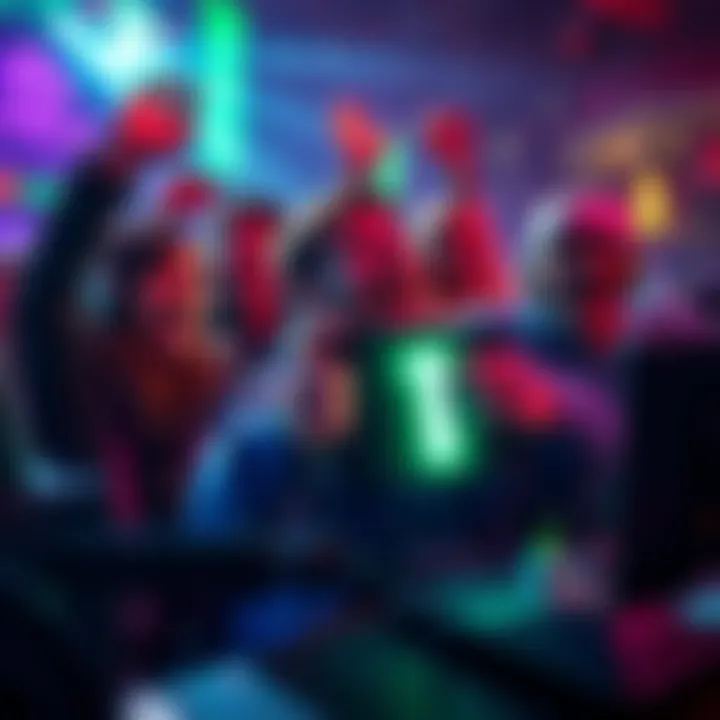 A group of gamers celebrating together after reaching Emerald 1 in competitive play, showing joy and excitement.