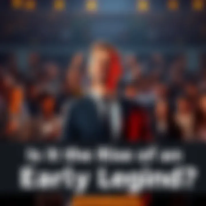 A confident individual standing in front of a crowd, symbolizing the rise of a new influential figure, with people looking on in interest.