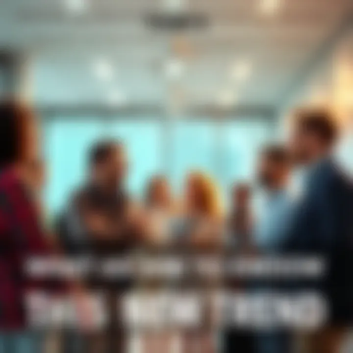 A group of diverse people discussing a new trend in a bright, modern setting